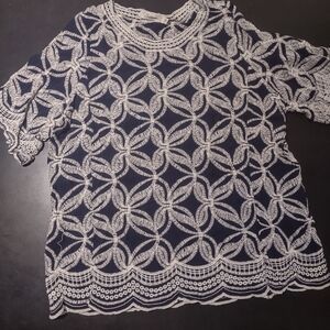 Solitaire Navy and White Embroidered Fabric